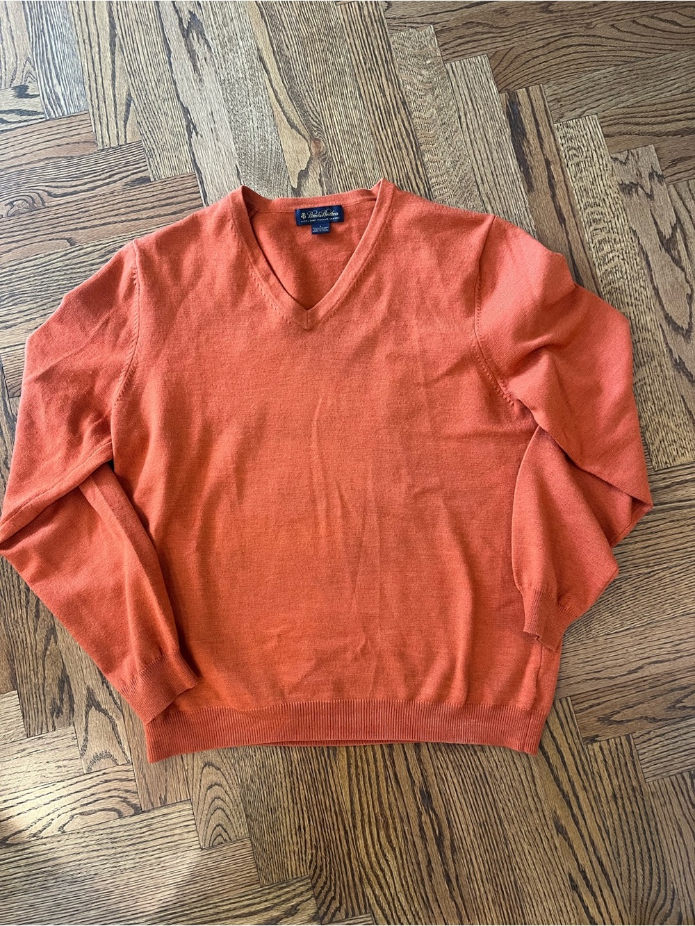 Brooks Brothers Extra Fine Italian Merino Terracotta V-Neck Wool Sweater, Large